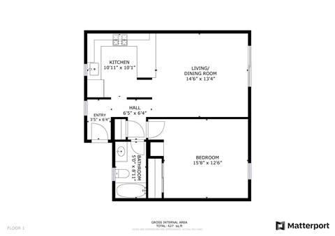 Floor plan for 1 bed, 1 bath, 650 sqft
